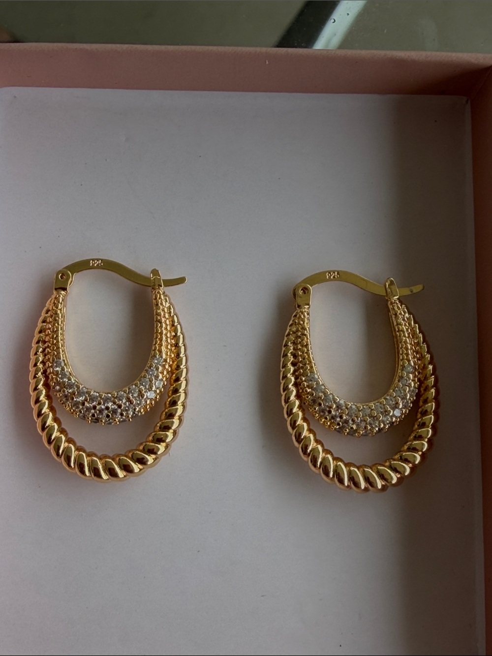Gold-Tone 925 Double Hoop Pavé Drop Earrings - Women Jewelry